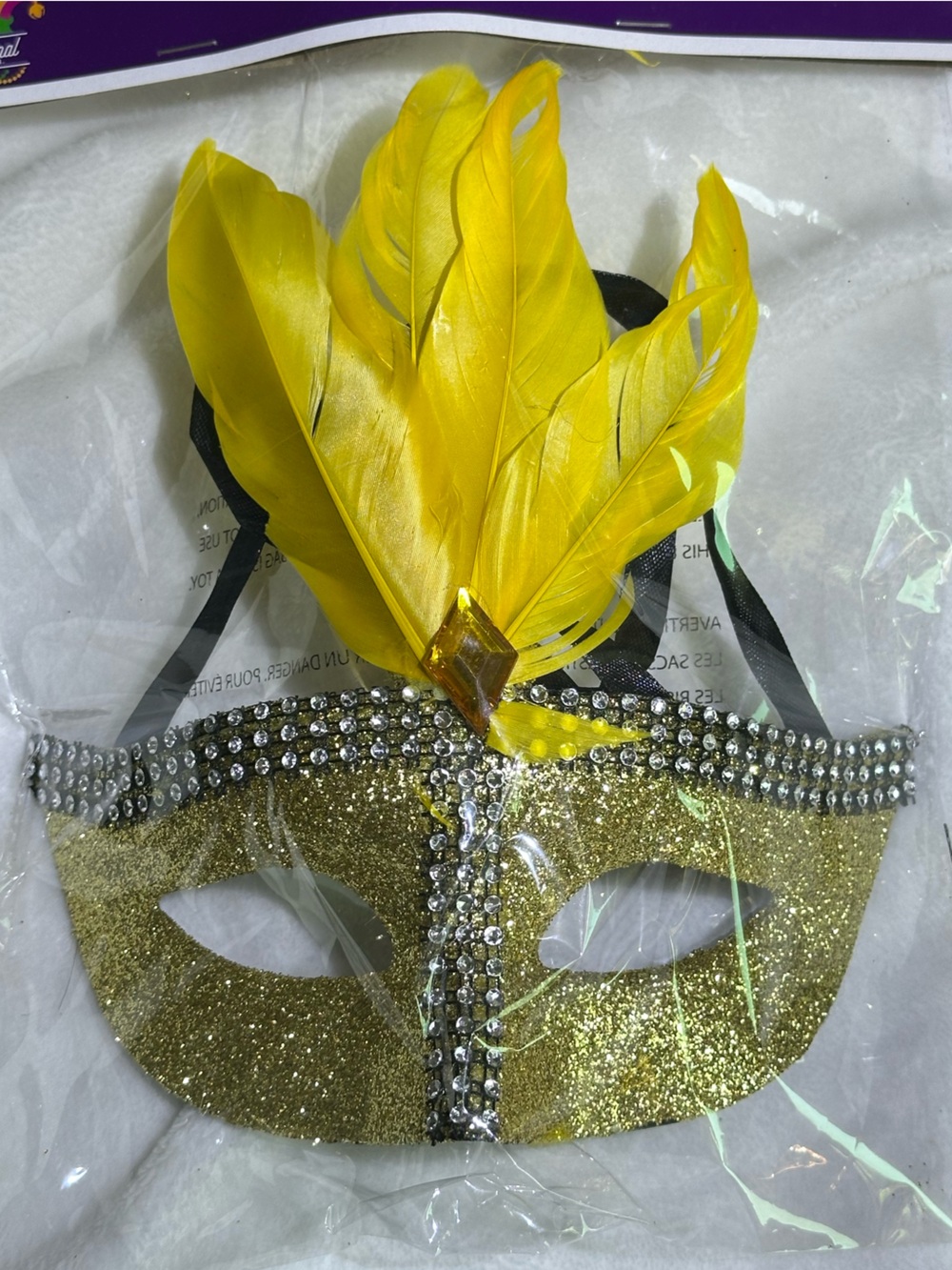 🎭 Gold Glitter Masquerade Mask Yellow Feathers Rhinestones Mardi Gras Costume 🎭
